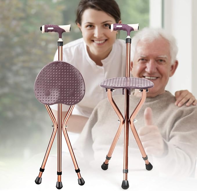 GYMAX Walking Stick Chair Combo, Folding Cane Seat with LED Light, Massage Seat Board & Ergonomic Handle, Adjustable Anti-Skid Walking Stick with Stool, Lightweight Outdoor Travel Rest Stool