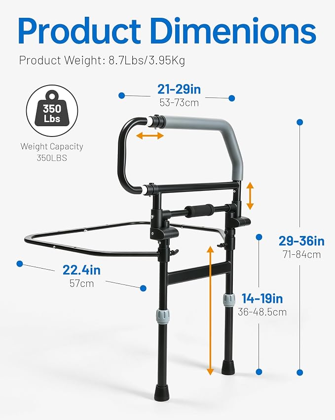 Safety Bed Rail for Elderly Adults - Foldable Bed Assist Rail with Adjustable Height & Storage Pocket, Bedside Support Handle for Seniors, Post Surgery Recovery & Fall Prevention