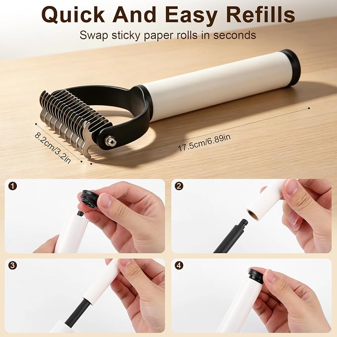 2-In-1 Double Sided Dematting Comb for Cats & Dogs, Multi-Functional Pet Detangling Comb, Double Sided Lint Remover Comb with Lint Roller, Suitable for Both Long and Short Haired Pets (Brown)