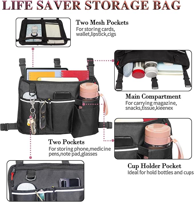 TONINT Large Walker Bag with Water Cup Holder,Walker Basket,Foldable Walker Storage Bag,Side Walker Bag,Walker Side Access Bag Organizer Pouch Tote,Scooters or Rollator Walkers (Large)
