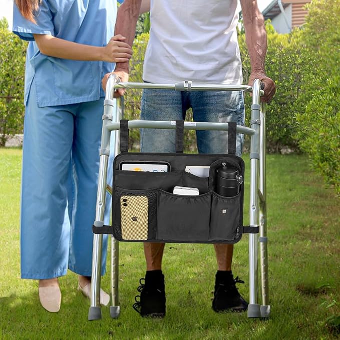 Walker Bag Multiple Pockets Walker Basket for Folding Walker with Cup Holder Bag for Walkers for Seniors Rollator Accessories Bag Black