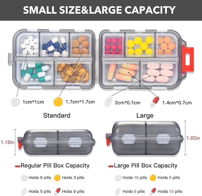Travel Pill Organizer, 10 Compartments Small Portable Pill Case with 189 Medicine Labels, Compact Medicine Storage Box for Purse, Pocket, Airplane, Travel, Nurse Daily Use 3 Pack