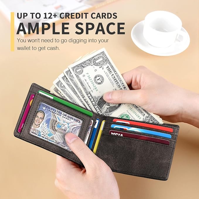 RUNBOX Wallet for Men, Slim Leather Bifold, RFID Blocking Card Holder | Minimalist Front Pocket Design, Credit Card Organizer, Holds 11 Cards, Large Capacity, Thin Profile, Birthday Gifts for Men