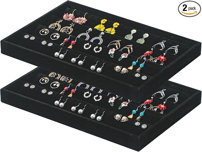 Coward 2PC Black Velvet Stackable Earring Tray Drawer Jewelry Holder Organizer Box Storage Earring Display Stand for Home Drawer or Store Selling (earring+earring)