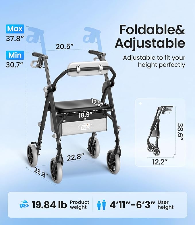 VOCIC Z11 Rollator Walker for Seniors with Seat, 380 LBS | Lightweight Design with Ergo Seat & Backrest, Height Adjustable & Easily Foldable for Seniors' Mobility, Blue