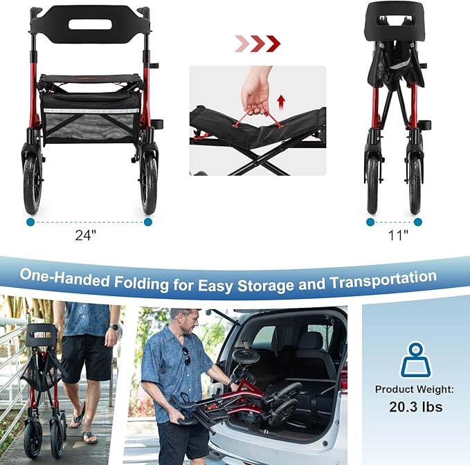 Walkers for Seniors, Rollator Walker with Seat, 12" Big Rubber Wheels All Terrain Rollator Walker with Backrest, Built-in Cable, Cup Holder, Foldable and Height Adjustment for Seniors, Red