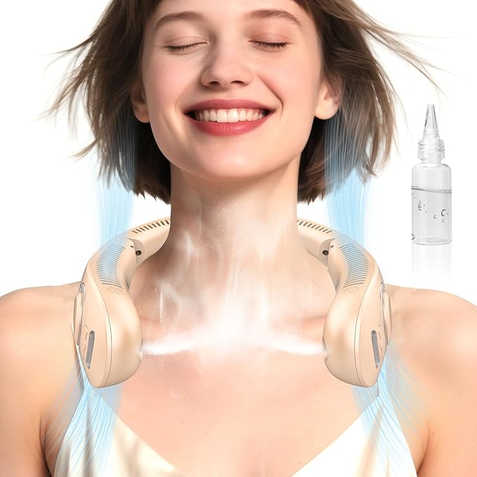 Neck Fan that Blow Cold Air with Mist Spray, Rechargeable with Long Battery Powered, Foldable Water Cooler with LED Display, Leafless Necklace Fans for Women Adult Hot Flashes Summer Outdoor, Apricot