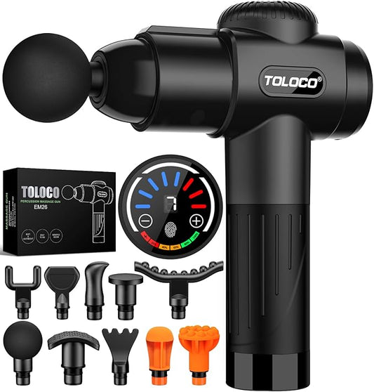 TOLOCO Massage Gun, Deep Tissue Back Massage for Athletes for Pain Relief, Percussion Massager with 10 Massages Heads & Silent Brushless Motor, Christmas Gifts for Women, Men, Black