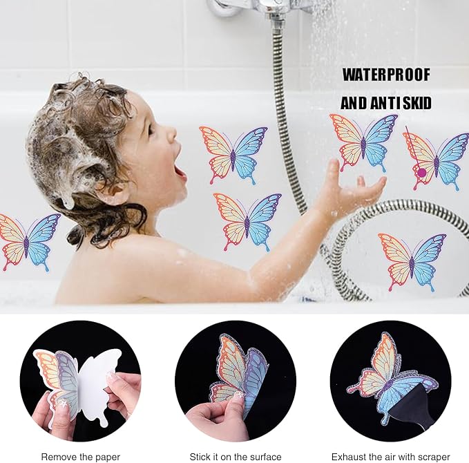 20 PCS Non Slip Bathtub Stickers, Adhesive Butterfly Anti Slip Decal Treads for Shower and Bath Tub with Premium Scraper (PurpleBlue)