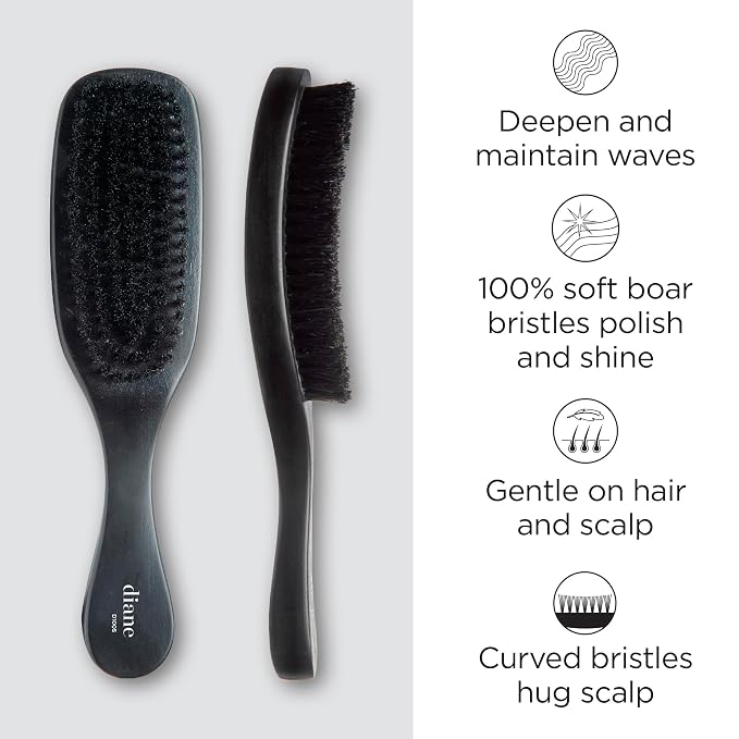 Diane Boar Curved Wave Brush for Men and Women - Black, Soft Bristles for Fine to Medium Hair - Use for Detangling, Smoothing, Wave Styles, Soft on Scalp, Restore Shine and Texture