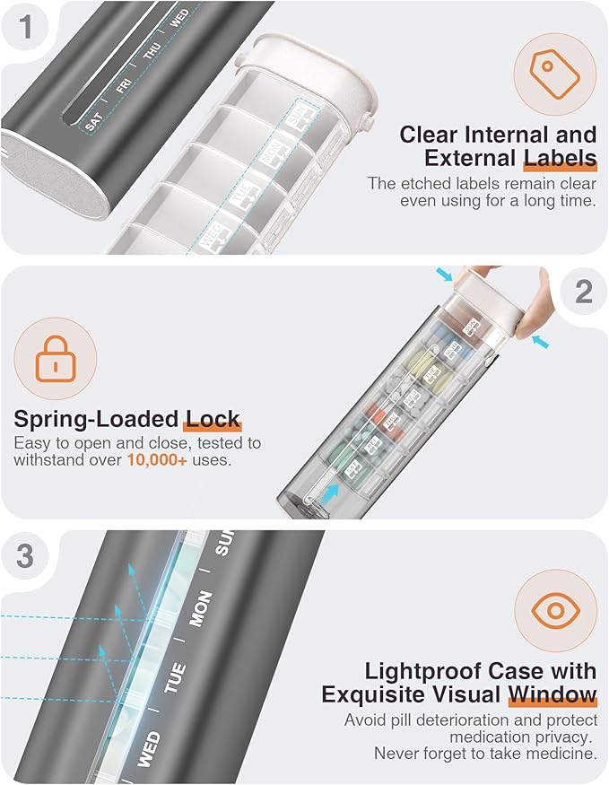 Zannaki Aluminum 7 Day Weekly Pill Organizer, Portable Travel Pill Case with Three Layer Seal, Large Capacity Cute Daily Pill Box, Pill Holder Container for Vitamins, Pills, Supplements and Medication