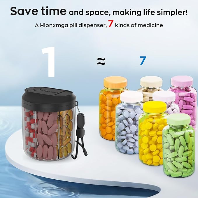 Pill Dispenser with 7 Large Compartments, Pill Organizer for Travel, Supplement Organizer with Anti-Mixing Design, BPA-Free Pill Container with 20 Pcs Labels, Black