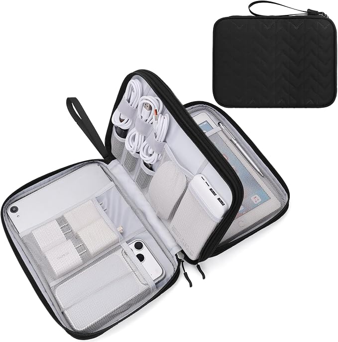 FYY Electronic Organizer, Extra Large Travel Cable Organizer Bag Pouch Portable Waterproof Double Layers All-in-One Storage Bag for iPad, Cable, Power Bank, Laptop Charger for Office, Black-Pattern