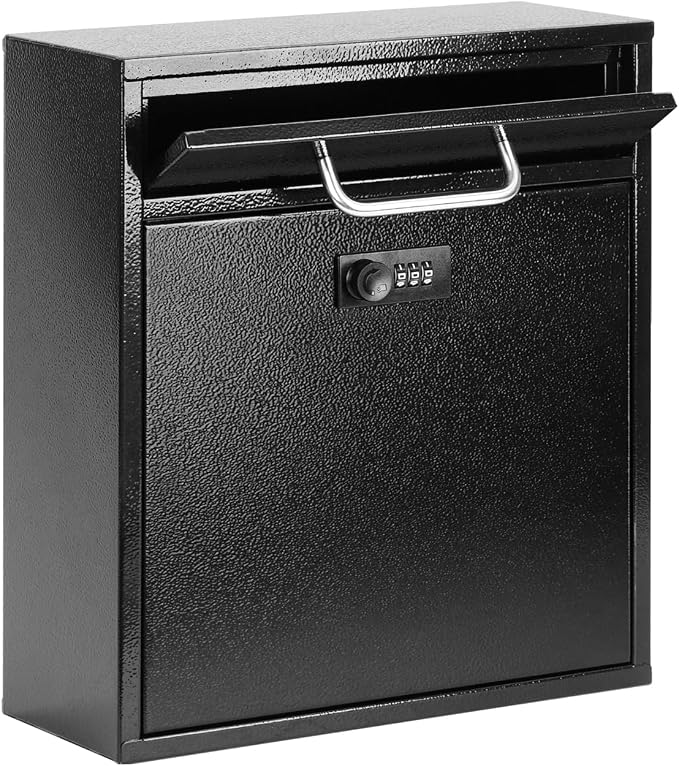 KYODOLED Wall Mount Mailbox for Outside, Combination Lock, Large, Black | Sturdy Steel, Anti-theft Large Drop Box, Ideal for Home, Office, School Daily Mail/Key/Cash Storage, 12H" x 10.5L" x 4.6W"
