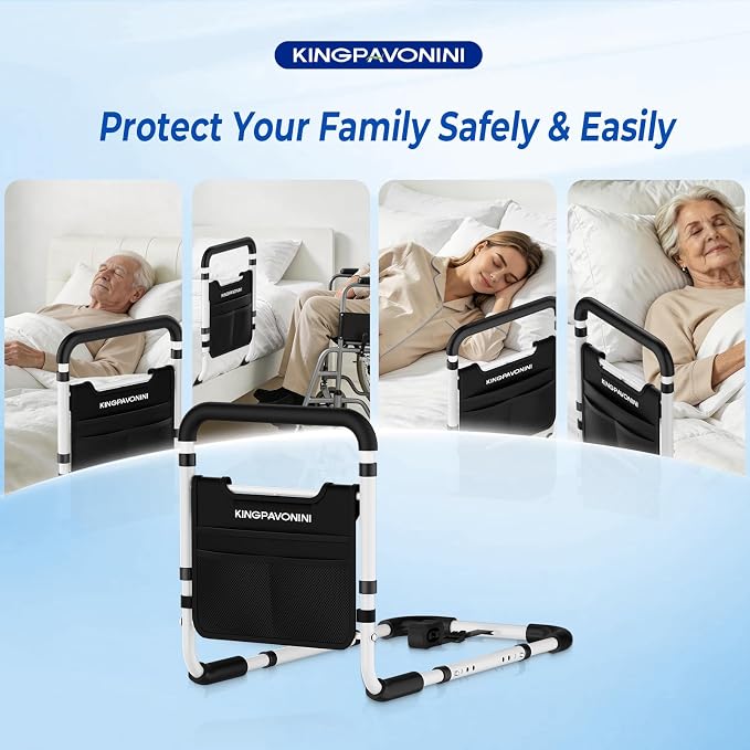 KingPavonini Bed Rails for Elderly Adults Safety, 380 LBS, Model BM03-1 | ASTM Approved, 2026 Upgraded Adjustable Bed Cane, Non-Slip Ergonomic Handle & Storage Bag, Tool-Free Bed Railings for Seniors