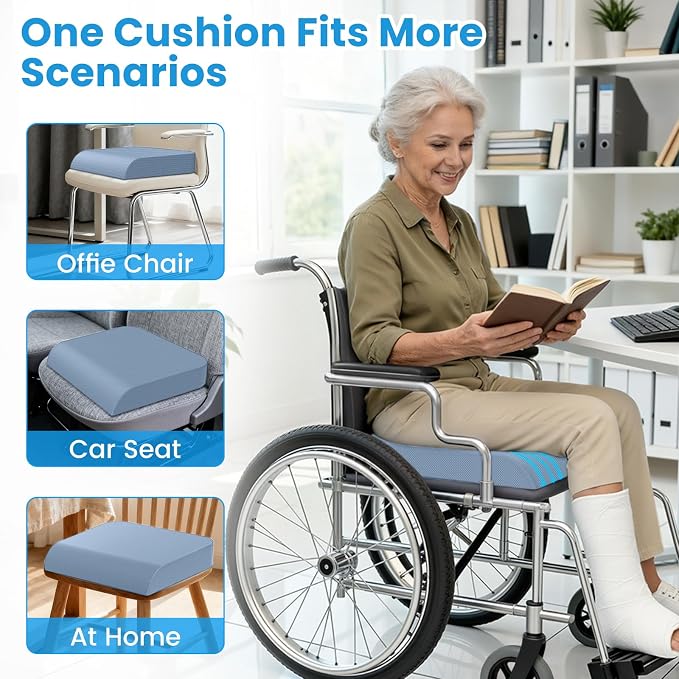 Wheelchair Seat Cushion for Pressure Relief, Cooling Gel Memory Foam Chair Cushion with Slope-Edge Design, Coccyx Support for Tailbone Pain, Non-Slip, for Wheelchairs, Office Chairs, Light Blue