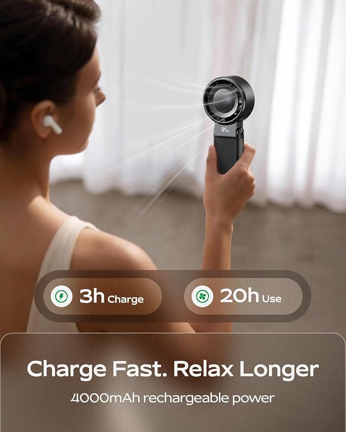 SHEWIND Portable Handheld Mini Fan -5 Speeds, 20H Max, LED Display - Black | Foldable Mini Fan; Neck & Desktop Use; 4000mAh Rechargeable Battery; Travel Turbo Fan