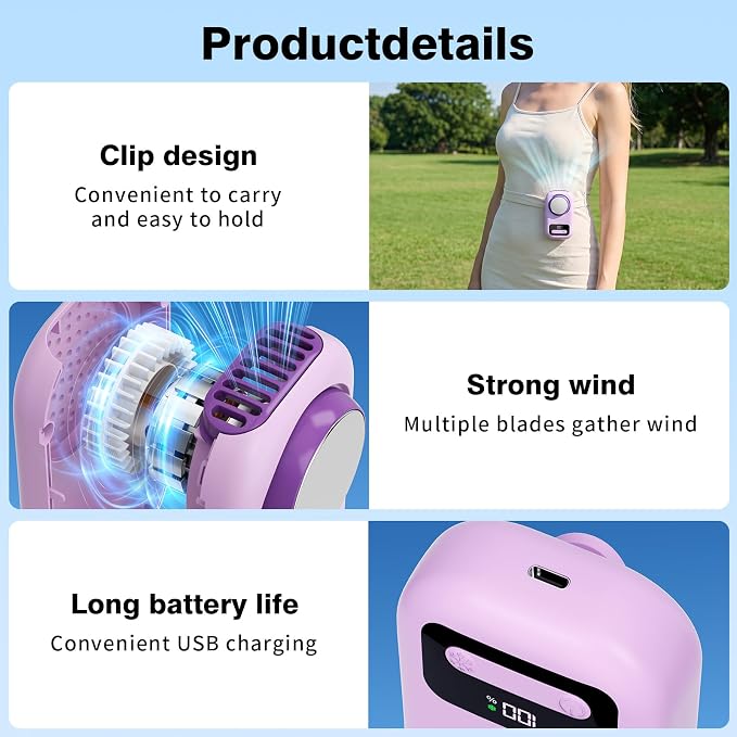 Morelax Portable Neck Fan with Ice Cooling,Rechargeable Handheld Desk Use | Fan Clip on for Shirt & Waist，Travel Hand Held Fans for Outdoor, Holiday, Gifts for Women