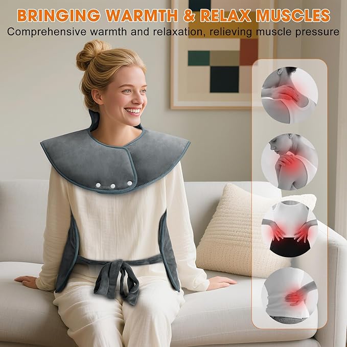 Heating Pad for Back Neck Shoulders, Large Wearable Relax Muscles, Birthday Gifts for Women Men Mom Dad Elderly, 3 Heat Settings/2-Hour Safe Auto-Off, 24"×37" Ergonomic Fit Design-Gray