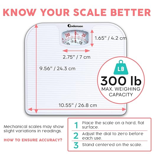 Adamson A21 Analog Scales for Body Weight - Up to 300 LB - New - Anti-Skid Rubber Surface + Large Numbers - Analog Bathroom Scale - Affordable - Durable with 20-Year Assurance