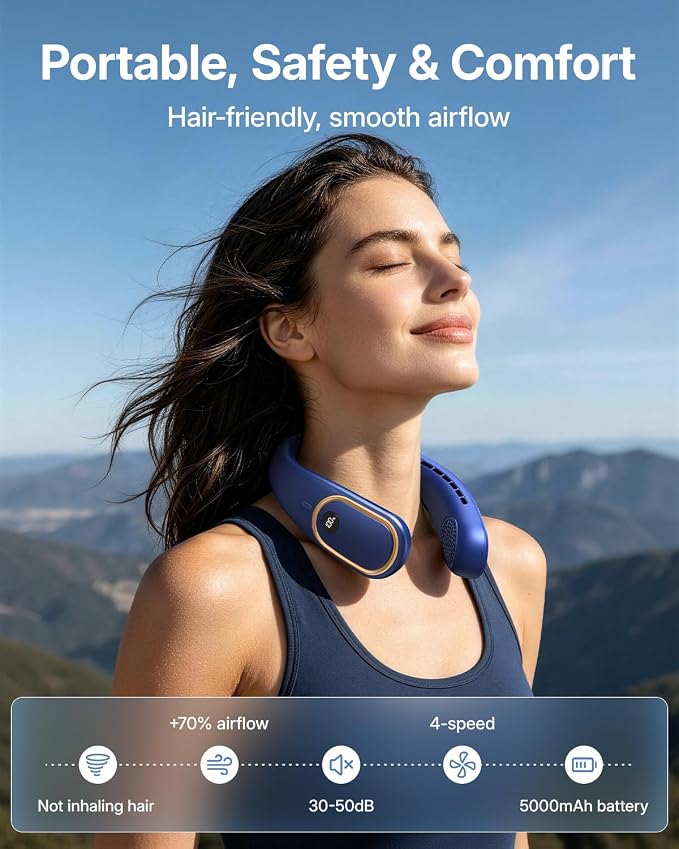 SHEWIND Portable Neck Fan - Hands Free Personal Fan, Rechargeable Bladeless Fan with 5000mAh-Battery, Digital Display, 4 Speeds, Birthday Gifts for Men, Women, Mom, and Dad - Blue