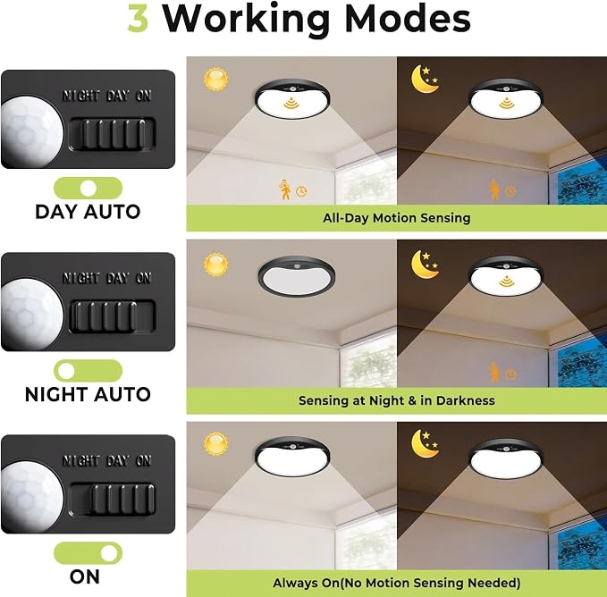 hepside 2 Pack Motion Sensor Ceiling Light Wired, 3000K/4000K/6500K LED Flush Mount Ceiling Light Fixture, 8.7Inch 18W Motion Sensor Light with Timer for Closet Stair Porch Hallway Pantry,Black
