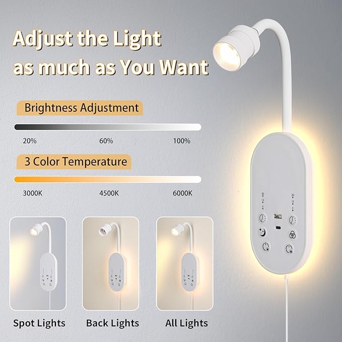 LED Wall Mounted Reading Light for Bed, Book Light for Reading with Touch Control, Stepless Dimmable, Flexible Gooseneck Bed Light with USB C+A, Night Light & Timers Function (White)
