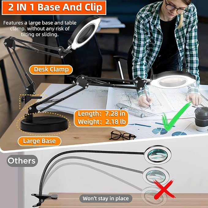 10X Magnifying Glass with Light and Stand, 2-in-1 Adjustable Swing Arm Desk Crafts Clamp Magnifier, Color Temperature LED Lighted Magnifierfor Close Work,Sewing,Crafts,Hobbies,Reading