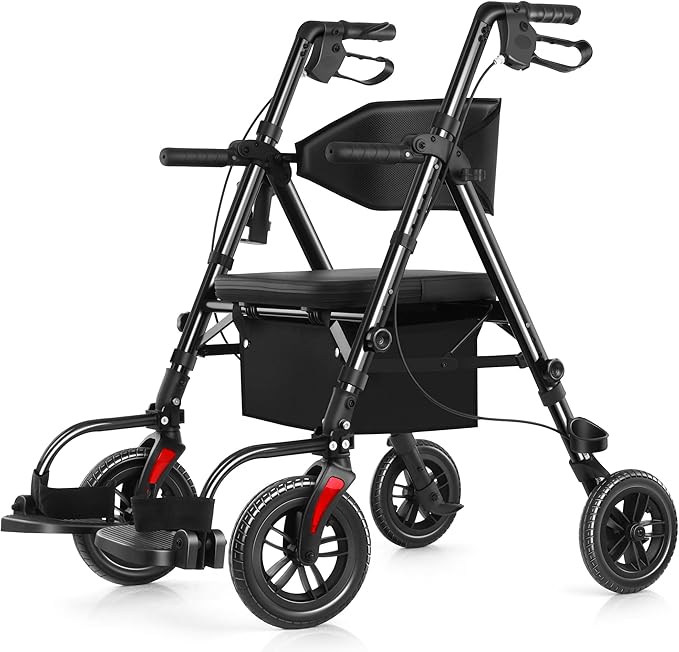 Walkers for Seniors, 2 in 1 Rollator Wheelchairs Combo 10" Big Wheels Walker with Seat, Rollator Transport Chair with Brakes Folding Rolling Walker for Adults, Black