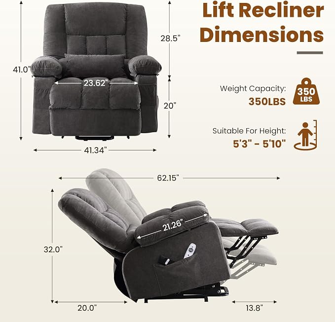 Electric Power Lift Recliner Chair Sofa with Massage and Heat for Elderly,Lift Chair with Front Pocket & Side Pockets for Living Room