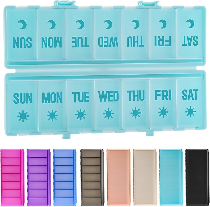 Foldable Pill Organizer 2 Times a Day w/Etched Labels -Dual Protection & Portable Weekly AM PM Pill Box, 7 Day Medicine Container, Large Travel Pill Case for Week Daily Supplement Vitamin - Sky Blue