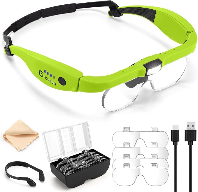 Magnifying Glass with Light, 1.5X-5.0X Magnifying Glasses 4 Lenses | Detachable,Light Weight Acrylic Lens, Rechargeable, Adjustable Magnifier Headset, Magnify Glasses for Close Work Crafts Hobby