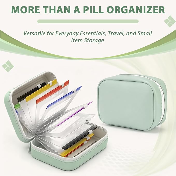 A8 Green Travel Pill Organizer with 14 Reusable Pill Pouches, Waterproof Pill Pouch Set,Large 7 Day Twice-Daily Travel Medicine Case for Purse, Compact Medication Storage Bag