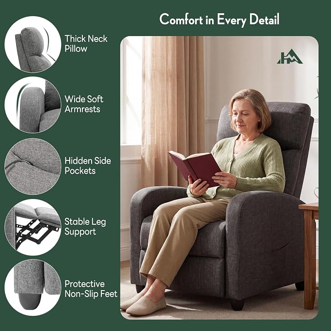 Massage Recliner Chair, Recliner Sofa Fabric for Adults, Recliners Home Theater Seating with Lumbar Support, Reclining Sofa Chair for Living Room, Greige