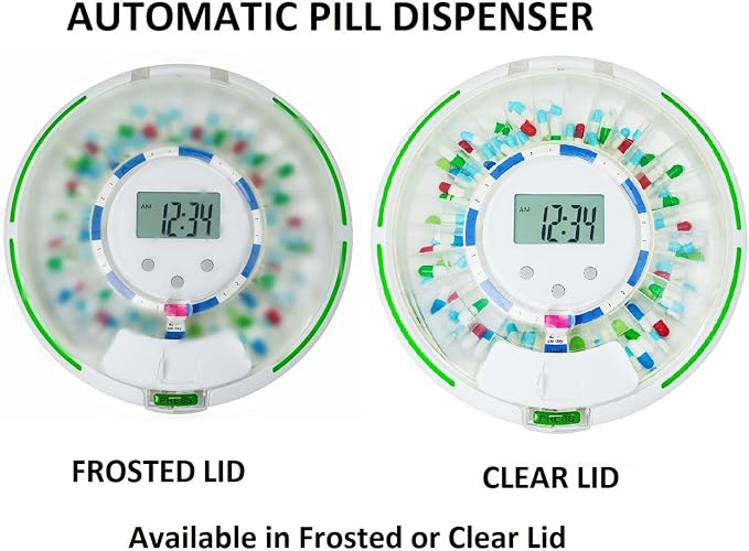 Automatic Pill Dispenser for Elderly with Alarm, Lock 28-Day Medication Dispenser, 6 Dosage Templates, Sound & Light Alerts & Key for Vitamins, Supplements (Clear Lid)