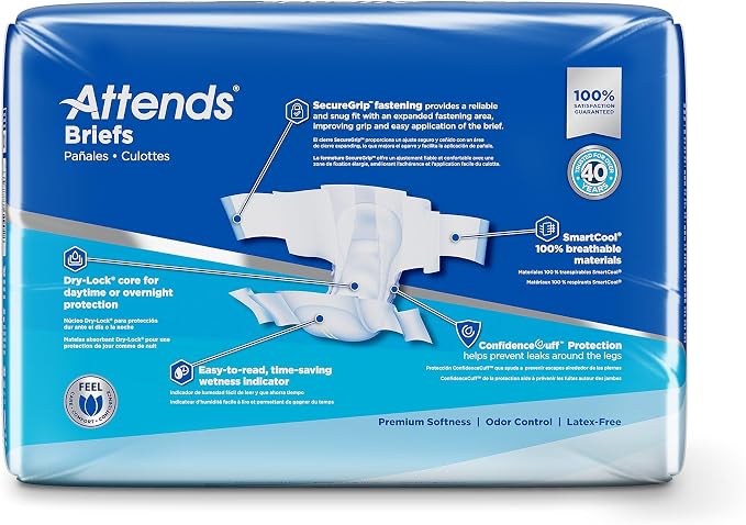 Attends Confidence® Adult Unisex Disposable SmartCool® Briefs, Medium, 32"-44" Waist, SecureGrip Tab Closure, Ultimate Absorbency, Breathable Materials, 96ct Case