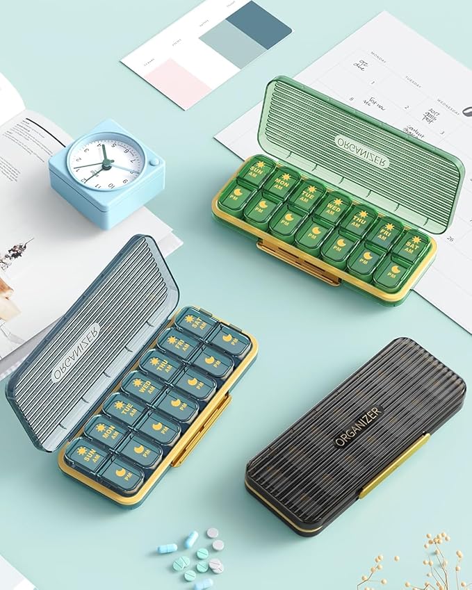 Pill Organizer 2 Times A Day, 7 Day Am Pm Pill Box - Acedada Weekly Pill Organizer Twice A Day, Portable Removable Daily Medicine Container Dispenser Case for Vitamin Fish Oil Supplement, Black Grey