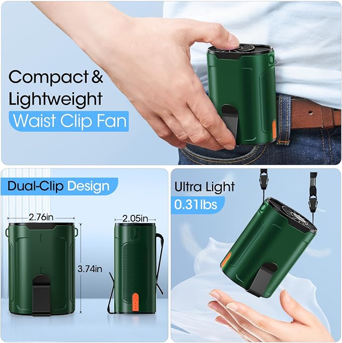Heelkl 2026 AI Portable Fan Rechargeable, 4 Speeds Strong Airflow, Personal Waist Fan with up to 25H of Working Time, Hanging Neck Fan, Wearable Belt Fan for Camping, Outdoor, Jobsite - Green