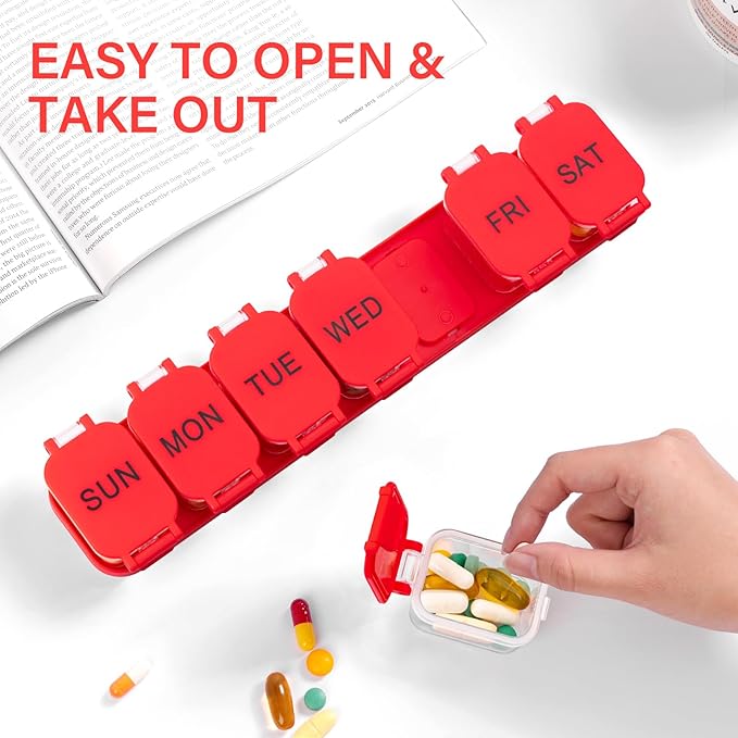 Extra Large Weekly Pill Organizer - Waterproof 7-Day Pill Box, Portable Vitamin & Supplement Case, Easy to Open Design, Ideal for Travel a nd Daily Medication Management (Red)