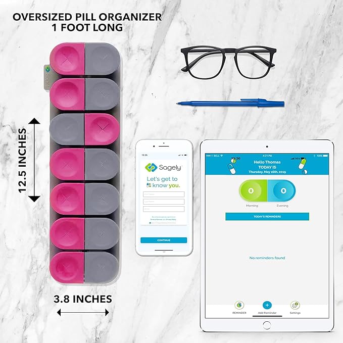 Sagely Smart XL Weekly Pill Organizer AM/PM - Medicine Storage Organizer with Reminder Alarm App (Large Enough to Fit Fish Oil, Cod Liver Oil, Vitamin D Supplements & Vitamins) (Pink/Gray)