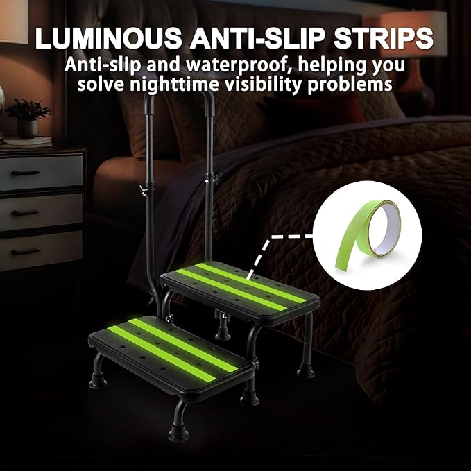 2 Step Stool with Handle for Elderly - Bed Steps for High Beds with Adjustable Handrail &Non-Slip Platform, Holds up to 450 lbs