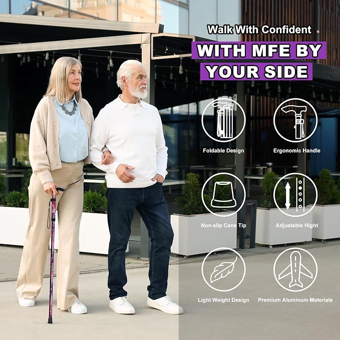 MFE Folding Cane, Portable 5-Level Adjustable Height Walking Stick with Foldable Design, Wrist Strap, and T Handle for Men and Women