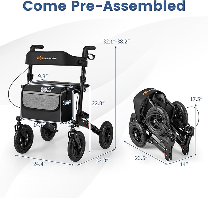 Goplus Walkers for Seniors with Seat, 2 in 1 Folding Rolling Rollator Walker with 9" Pneumatic Tires for All Terrain, Height Adjustment, Ergonomic Backrest, Aluminum Adult Mobility Walking Aid