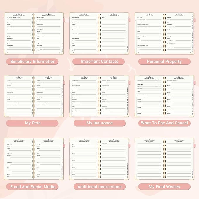 End of Life Planner, Estate Planning Organizer with Tabs for Senior, Spiral Funeral Planning Book with Large Font, Gold Corner Guards & Inner Pocket for Will Preparation, 7.36" x 10.4", RoseGold