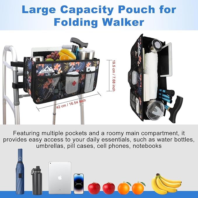 supregear Walker Basket, Foldable Walker Bag with Cup Holder, Storage Pouch with Large Capacity and Never Tipping Over, Hand-Free for Seniors Elderly, Not Fit for Rollator, Floral Black