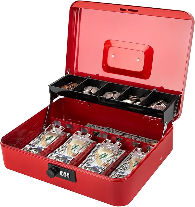 Jssmst Cash Box with Money Tray and Lock - Red Cash Box with Combination Lock Safe Money Box Large, Locking Cash Register Drawer Box, 11.8'' x 9.5'' x 3.5'', SM-CB005RED