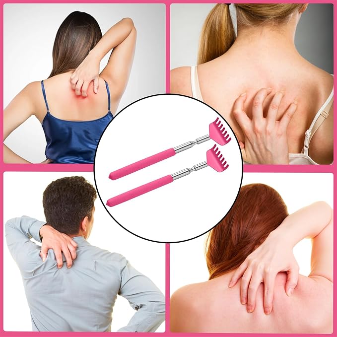 2 Pack Extendable Back Scratcher, Stainless Steel Telescoping, Pink Red | Portable Extendable Back Scratcher, Stainless Steel Telescoping Back Scratcher with Beautiful Present Packaging