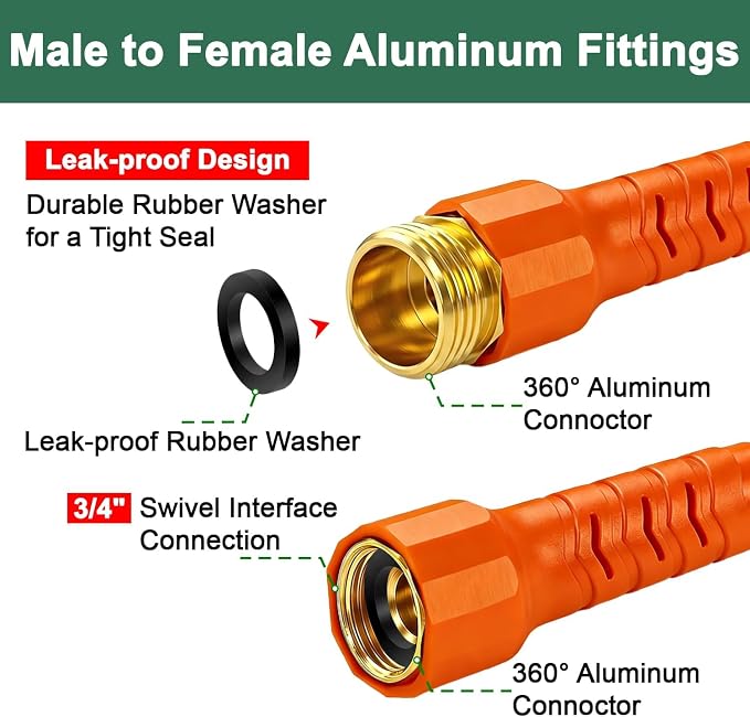 30FT Flexible Garden Hose & 10Modes Nozzle,Lightweight Water Hose,Kink-Free,All-Weather 3/4 in. Hose for RV,Boat,Car Wash,Garden,Yard,Camper,Outdoor NoneExpanding (Orange-Black, 30 Feet)