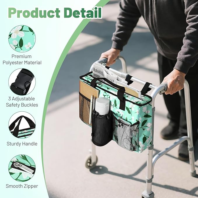 Rhino Valley Walker Bag, Large Capacity Walker Accessories Storage Bag with Multi Pockets & Cup Holder, Walker Basket with 4 pockets for Universal Walkers for Seniors, Green Lily