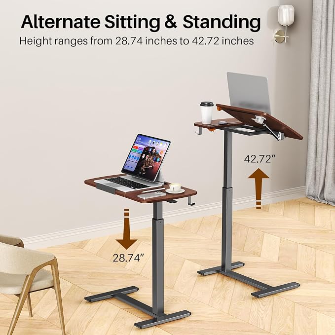 Overbed Table with Wheels, Pneumatic Height and Tilting Desktop | Top Tilts 0-60° with Anti-Slip Stops, Hook, Capacity 66 lbs, 1.18 in Low-Profile Base Slides Easily Under Beds and Sofa